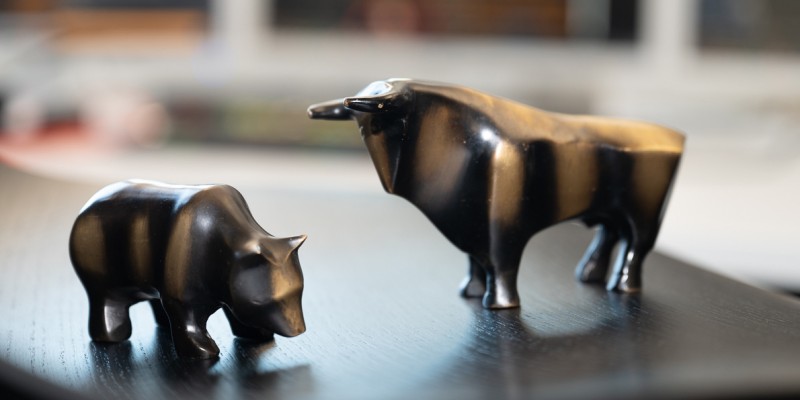 Bulle und Bär Figuren am W&W-Campus-Arbeitsplatz