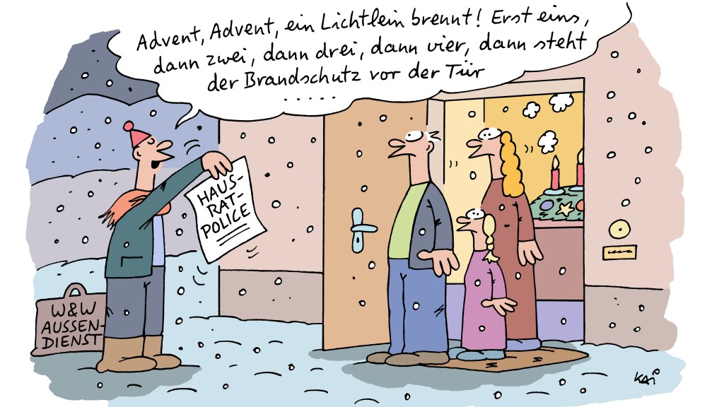 Comic-Figuren stehen vor geöffneter Haustür und reden mit einer anderen Figur